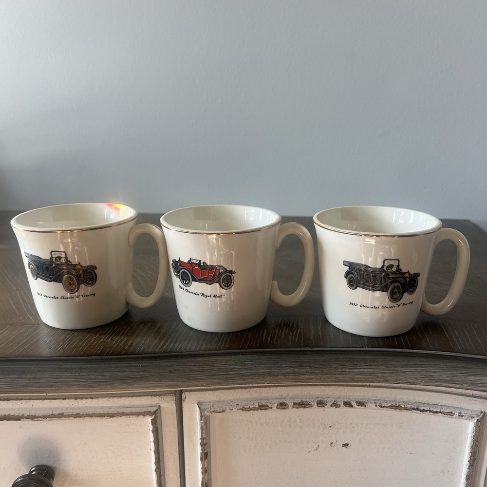 Salem "1914 And 1912 Chevrolet Royal Mail" Coffee‎ 3 Cups Gold Trim Collectibles